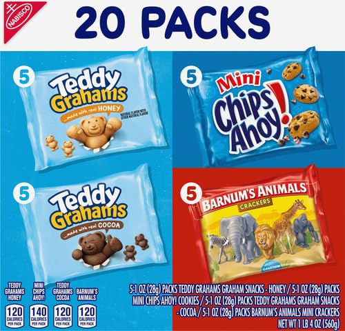 Image of Nabisco Fun Shapes Variety Pack, Barnum's Animal Crackers, Teddy Grahams and CHIPS AHOY! Cookies, 20 Snack Packs (Pack of 4)