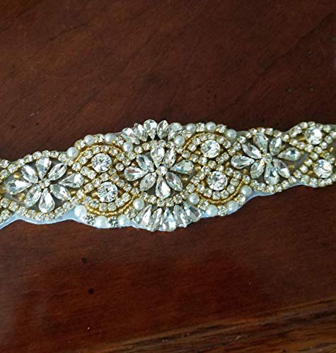 Gold Rhinestone Beaded Belt Applique Sew Iron On Crystal Trim For Wedding Dress Sash Bridal Bridesmaid Gown Womens Prom Formal Clothes Bride Keepsake Gifts Jeweled Diamond Embellishments #TOP2