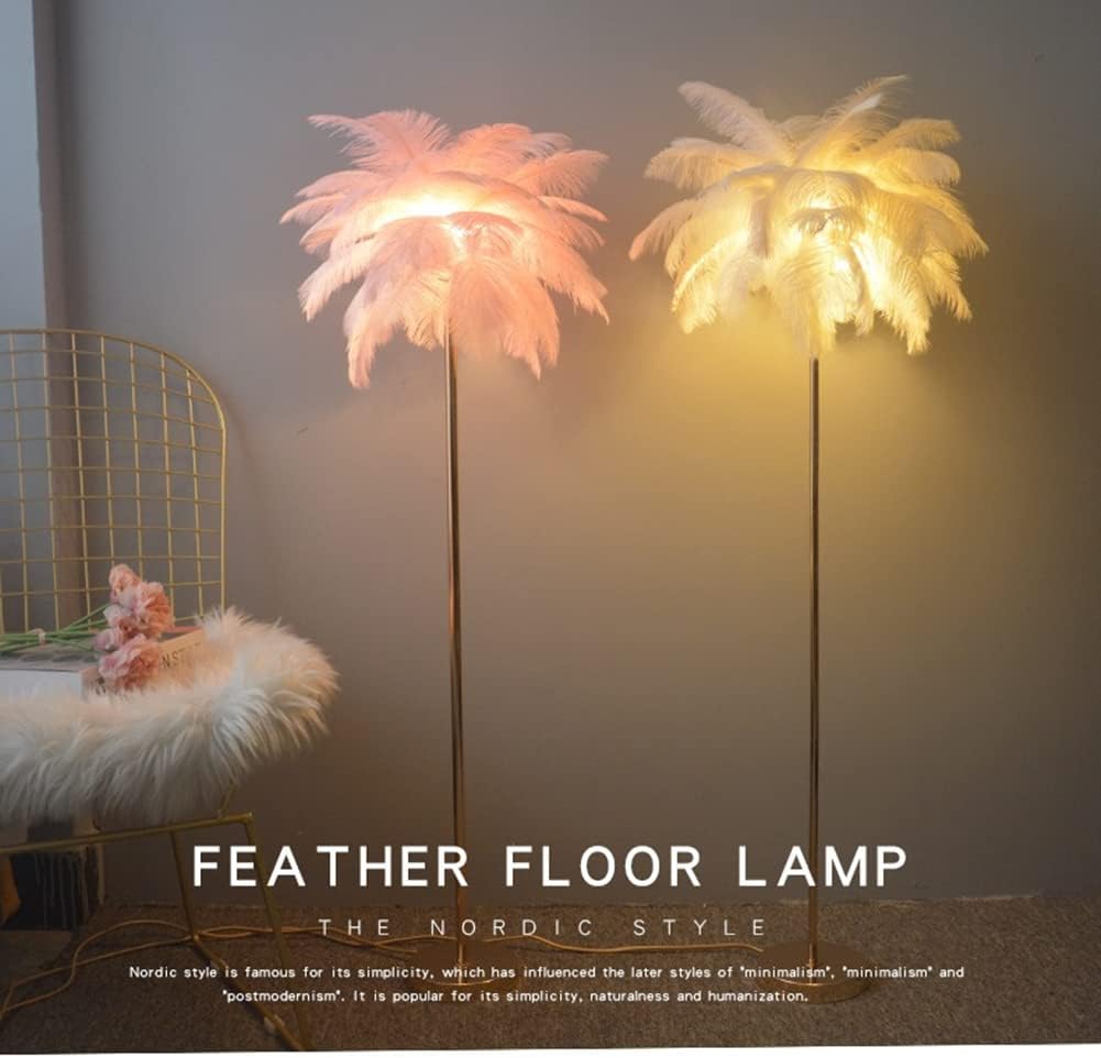 Natural Ostrich Feather Floor Lamp White, Simple Modern Living Room Bedroom Standing Lamp, Pink Girl Bedroom Lamp (Color:Pink)