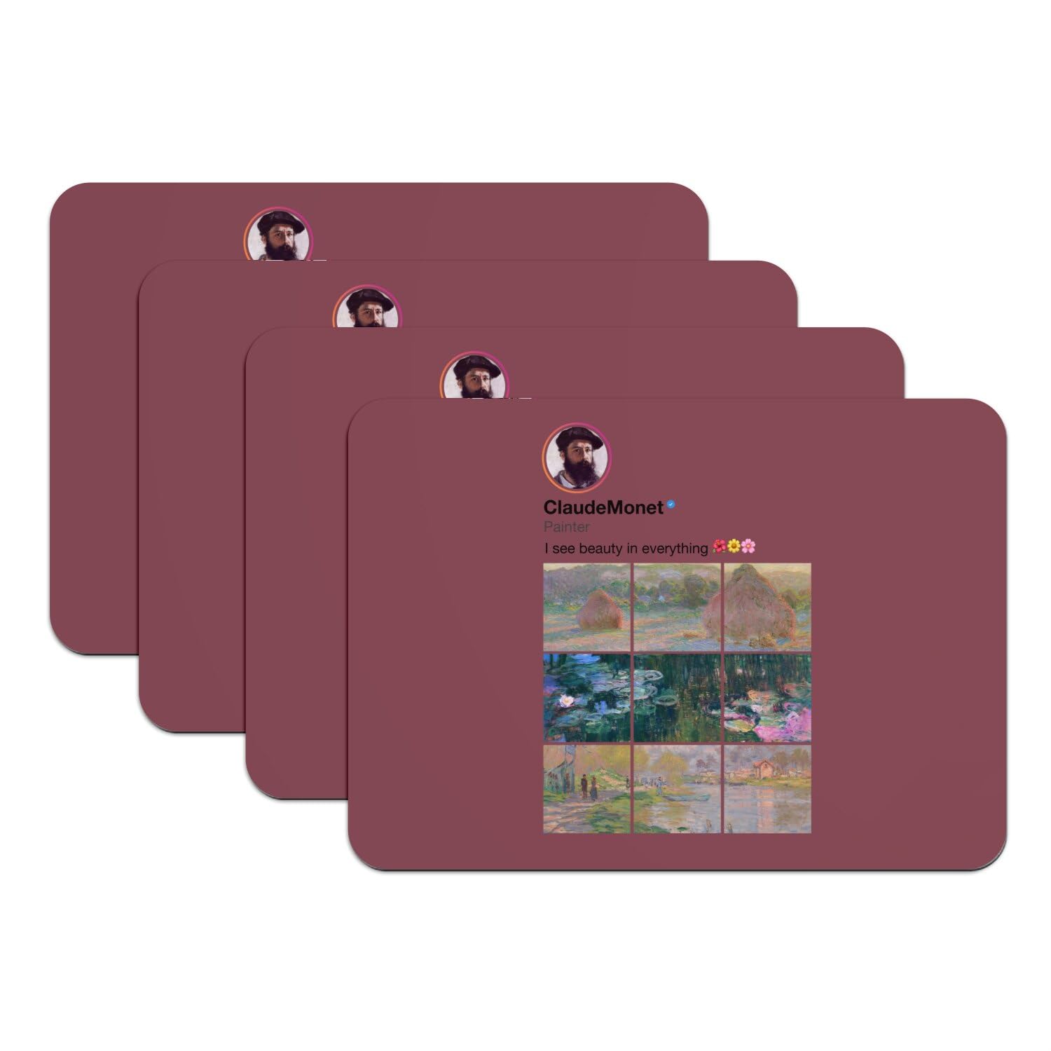 Lot de 4 sets de table Monet rouge en caoutchouc, idée cadeau originale pour amateurs d'art
