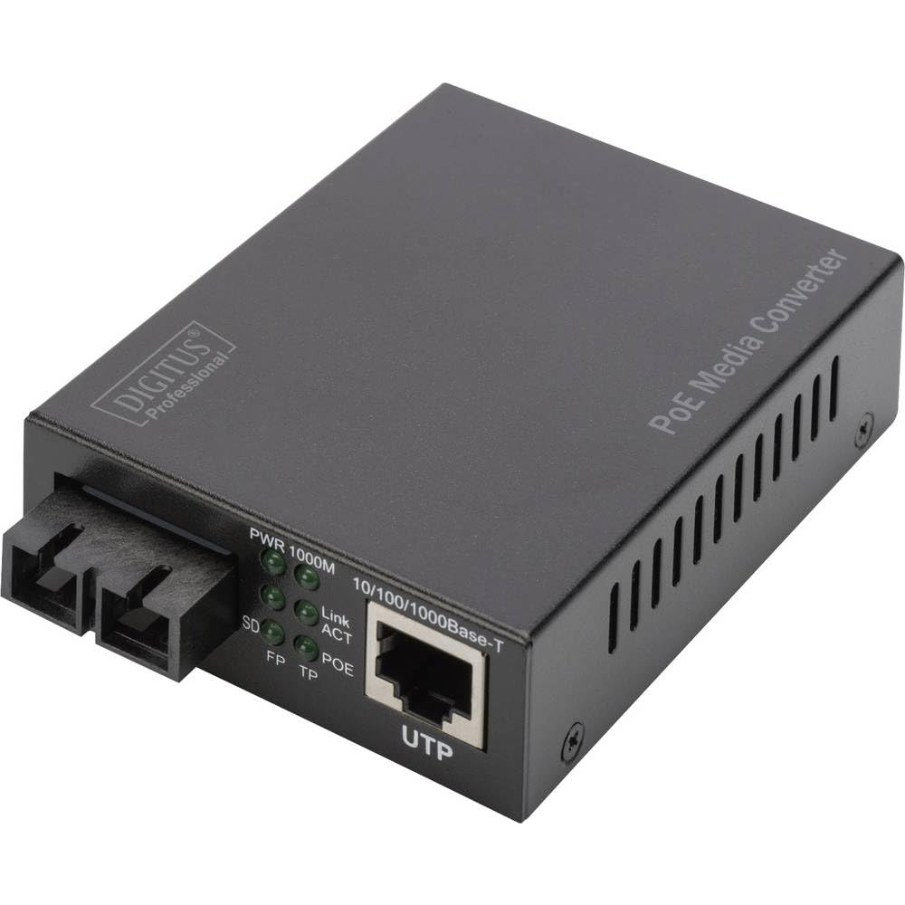 DIGITUS Convertisseur de média Gigabit – RJ45 vers SC Duplex – multimode | Injecteur PoE – 1 Gbit/s – longueur d'onde 850 nm – portée jusqu'à 0,5 km – cuivre vers fibre optique – noir