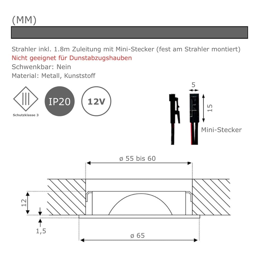 Rolux DF-1021 Einbaustrahler 2er Set LED Edelstahl gebürstet 15mm flach 3W warmweiß 3200K 200lm Bohrloch Ø 55-60mm 12V inkl. 15W LED Trafo 230V Verteiler und Eurostecker sowie 1,8m Kabel je Leuchte