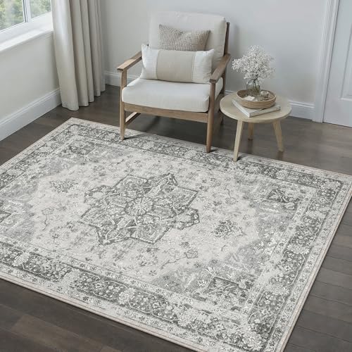 PureCozy Vintage Alfombra Salon 120x170cm Alfombras de Habitacion Gris Carpet Lavable Lavadora Pelo Corto Rug Antideslizante Tapetes para Sala Tapete Quarto Comedor Rugs