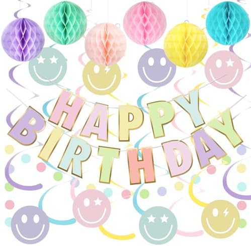 Set Decorazioni Compleanno Pastello Macaron – Striscione, Bandierine, Ventagli Di Carta E Pompon A Nido D'ape Per Ragazze E Donne, Riutilizzabile - 3