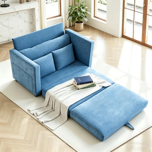 Image of 52 inch Loveseat Sleeper Sofa Bed, Convertible Small Pull Out Couch with Solid Back, 2 Pillows, Modern Upholstered Loveseat for Compact Living Room, Apartment, Bedroom, Blue