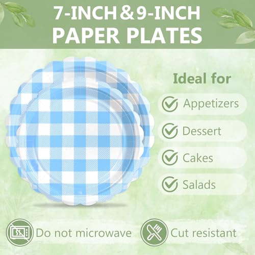 Image of 100 Light Blue Gingham Paper Plates and Napkins Disposable Set for Party
