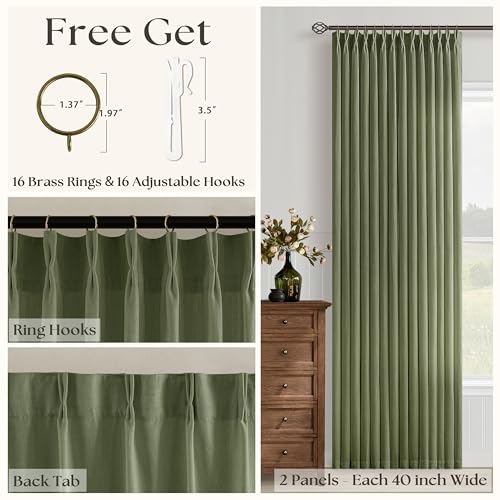 Image of Olive Green Linen Semi Sheer Pinch Pleated Curtains 108 Inch Long | Floor To Ceiling Extra Long, Light Filtering Privacy, Burlap Textured, Living Room, Hook Rings Memory Shape, Rustic Classic