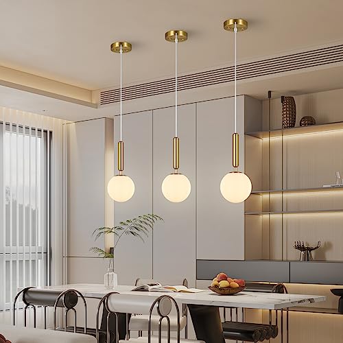 ZPBSJ Modern Golden Pendant Light for Kitchen Island Mid Century Pendant Lights with Globe Milky White Glass Pendant Light for Dining Room Bathroom Entryway Bedroom(1-Pack) - Image 3