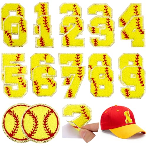 22 Pcs Softball Number Patches Chenille Self Adhesive Softball Patches Embroidered Include 20 Number Stick on Patch 0-9 Applique 2 Softball Sew on Patch Game Day Stickers for Backpacks Hats