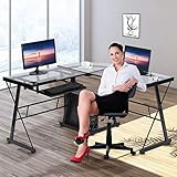 FVLFIL L Shaped Computer Desk with Keyboard Tray L Shaped Tempered Glass Gaming Desk Home Office Writing Gamer Command Center Workstation Black Round Corner Desk Laptop PC Modern Executive Table