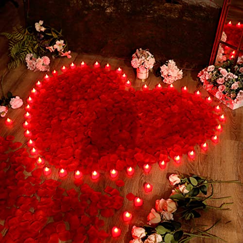 Image of Coume 6000 Pieces Artificial Rose Petal 72 Pieces LED Tealights Candle, Romantic Decorations Special Night Rose Petal Heart Candle for Valentines Wedding Anniversary Proposal Decor(Red Light)