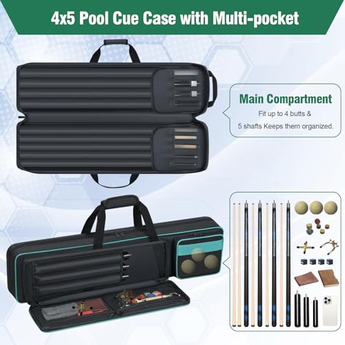 Pool Cue Case 4x5 - Padded Billiard Stick Bag With Multi-pocket for 4 Butts and 5 Shafts, Soft Carrying Case With Backpack-straps for Cues and Accessories (Blue)