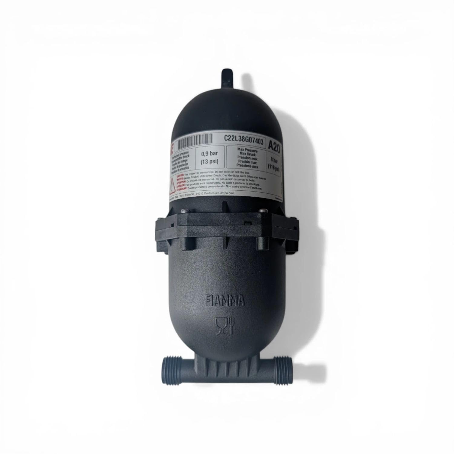 Fiamma A20 Restyling Vaso de Expansión para Bomba de Agua 12V Compatible con Aqua 8 y Otras Bombas para Autocaravana, Camper, Vehículo Recreativo y Barco