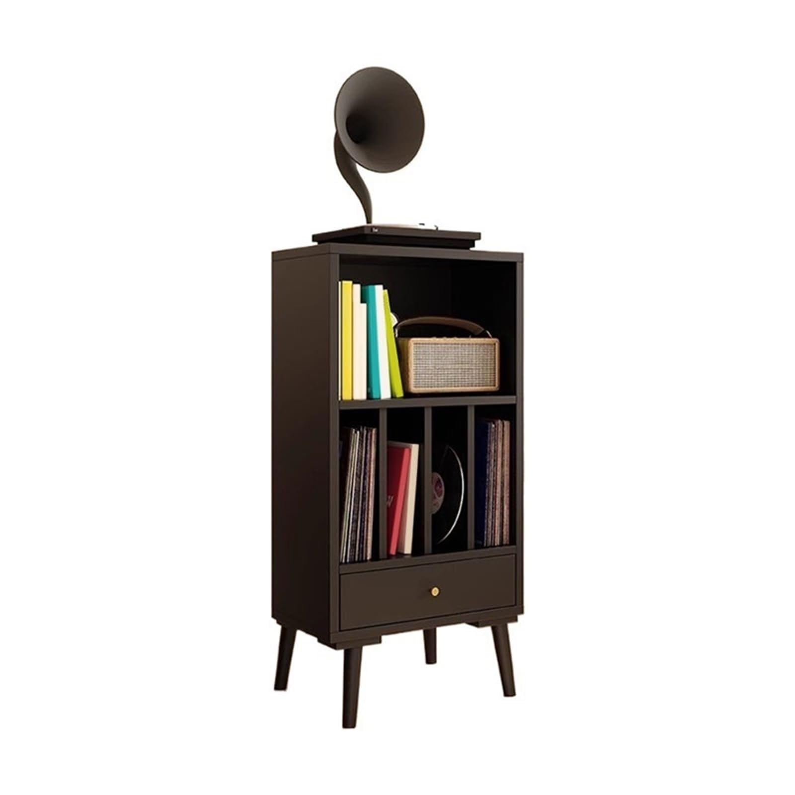 Huangj-0527 CD storage Wooden Vinyl Record Low Cabinet with Drawers Storage Unit Display Holder Record(Black)