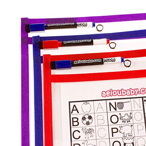 10 Reusable Worksheet Covers A4 Paper | Large Dry-Wipe Pockets 14x10 in. | PET Recyclable Ecological | 10 Colours, 10 Pens, 2 Rubbers and 2 Balloons | School Supplies, Stationery, Nursery, Playgroup