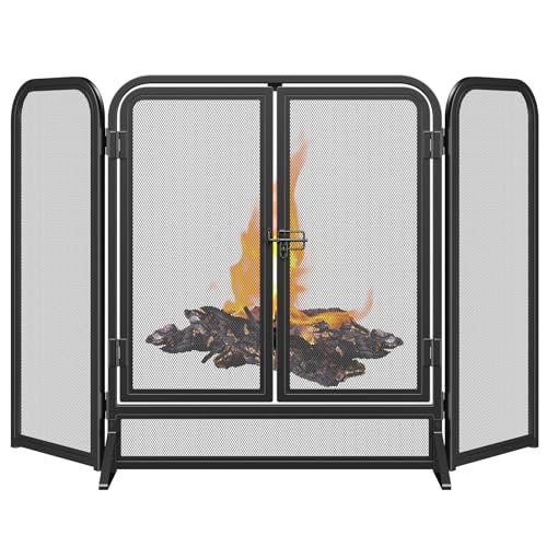 Mr IRONSTONE 3 Panel Fireplace Screen 51.5' W x 32.5' H Modern Foldable with Wrought Metal...