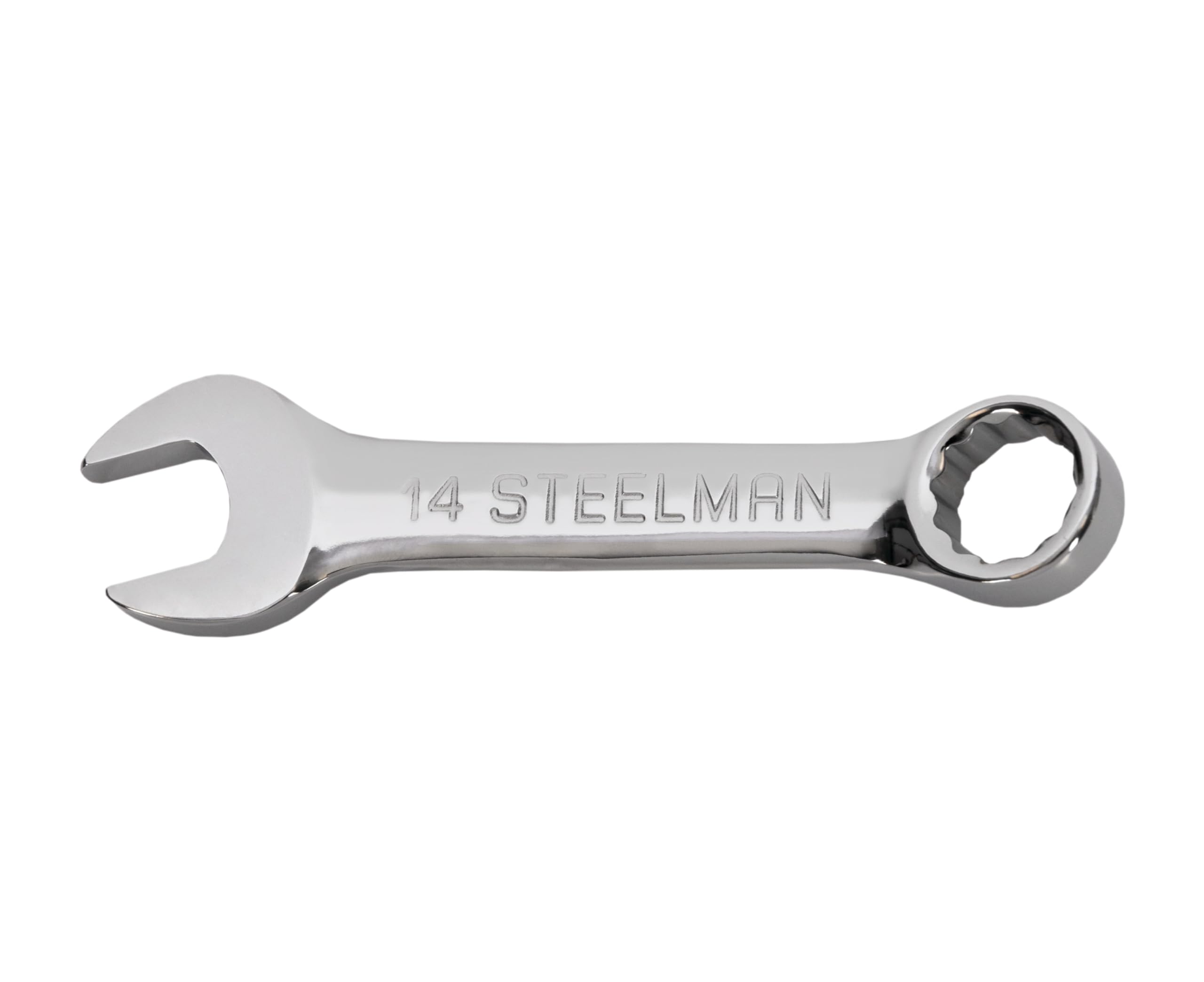 Steelman 14mm Stubby Combination Wrench, Offset 12-Point Box End, Angled Open End, Stamped Size Markings, Corrosion-Resistant Chrome