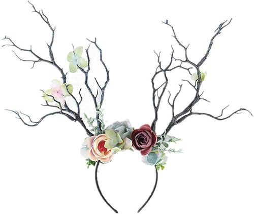 XIDAJIE Diademas de corona de ciervo con corona de flores, para Halloween, Navidad, cuernos, ramas de flores, accesorios para la cabeza, diadema de