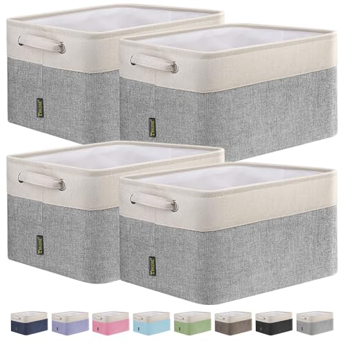 BALEINE 4 Pack Fabric Storage Bins for Shelves, Linen Storage Baskets for Organizing, Decorative Closet Bins for Clothes, Home (Grey, 15″x11″x9.5″)