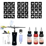 Kit de Tatuaje Temporal,Rociador de Tatuaje con Pistola de aerógrafo con 3pc Tinta de Tatuaje,10pc Plantilla de Tatuaje,para Pintar Uñas y Decoracion de Pasteles Herramientas Suministros de Tatuaje