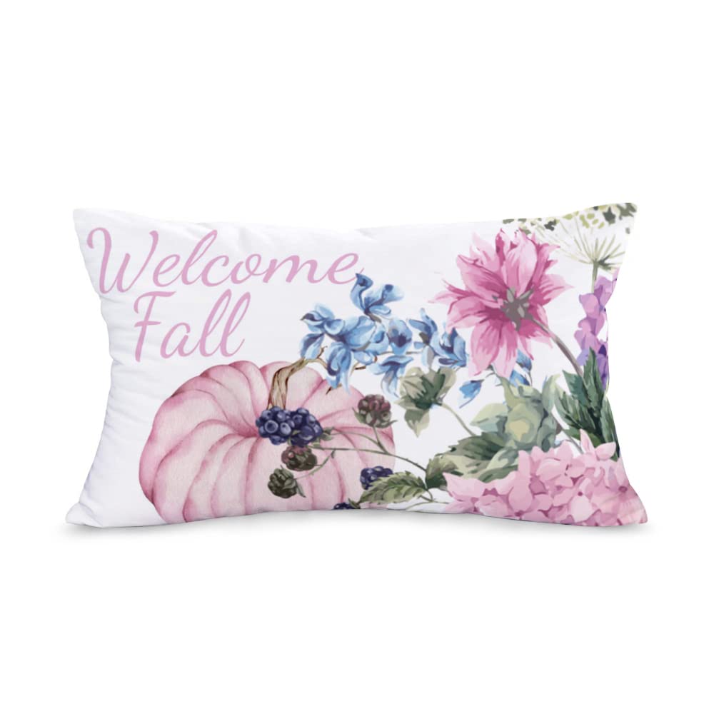 AsamourWelcome Fall Pumpkin Thanksgiving Throw Pillow Covers 12x20 Inch Autumn Pink Pumpkin Leaves Farmhouse Decorative Cushion Case Seasonal Holiday Throw Waist Pillow Case for Sofa Couch