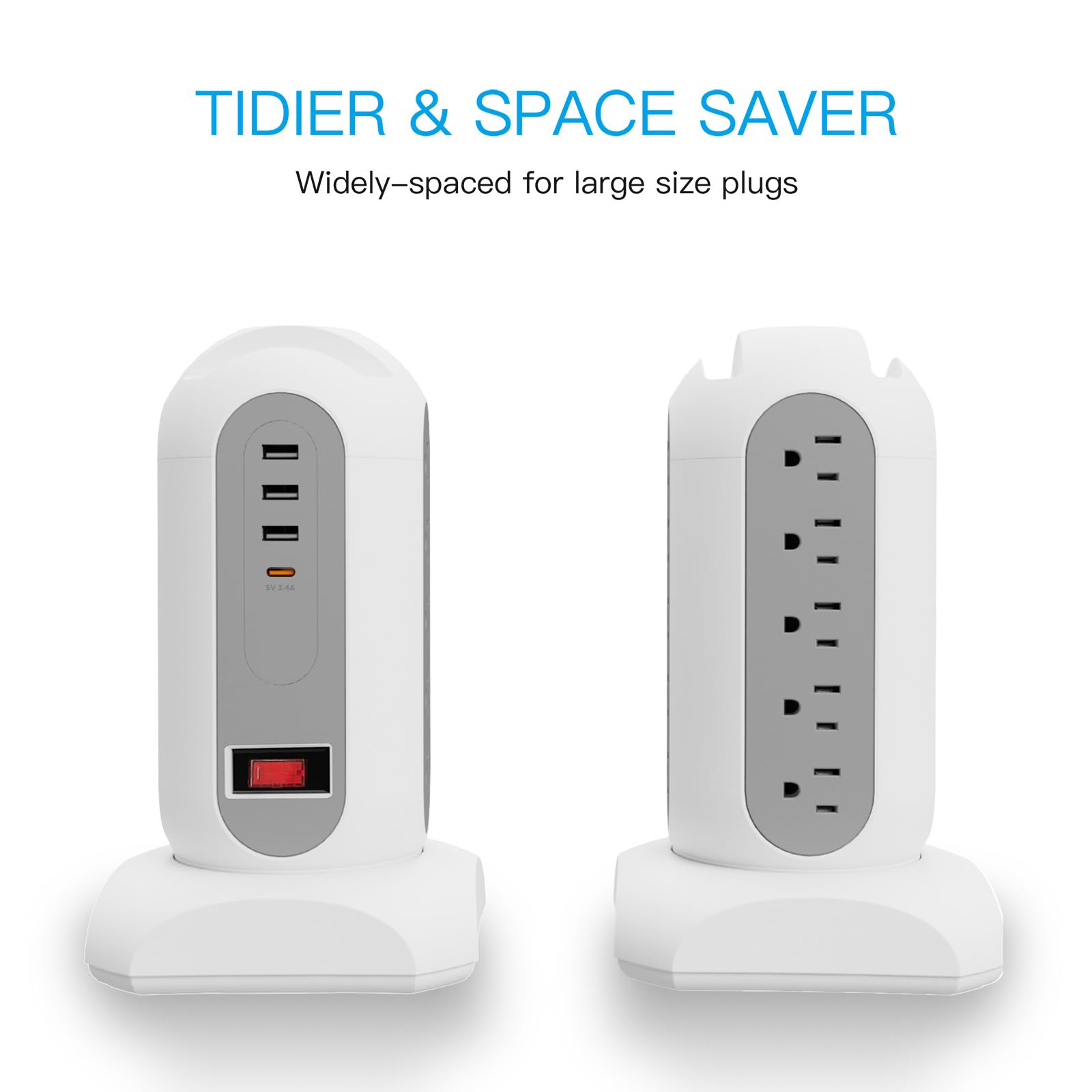 Przedłużacz z listwą zasilającą z zabezpieczeniem przeciwprzepięciowym z 15 gniazdami wielokrotnymi 6 stóp, 3 porty USB (1 USB C), listwa zasilająca wieża płaska wtyczka