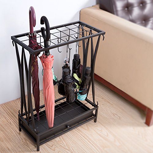 Mygift Modern Black Metal Umbrella Rack With 21 Slots And 12 Hooks And Removable Base Drip Tray #TOP2
