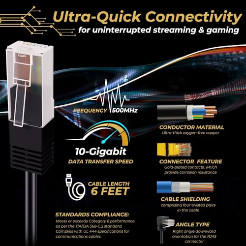 TNP Cat6 Câble Ethernet (angle droit vers le haut, 6FT) RJ45 90 Degré Connecteur réseau 500 MHz 10 Fil de prise plaqué or Gigabit LAN Cord pour PS4 Smart de la Xbox One de Fire Stick TV Jeu & Ordinateur, noir
