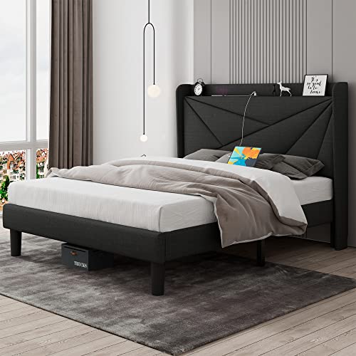 Feonase Queen Bed Frame With Type-C & Usb Ports, Upholstered Platform Bed Frame With Wingback Storage Headboard, Solid Wood Slats Support, No Box Spring Needed, Noise-Free, Dark Gray #TOP2