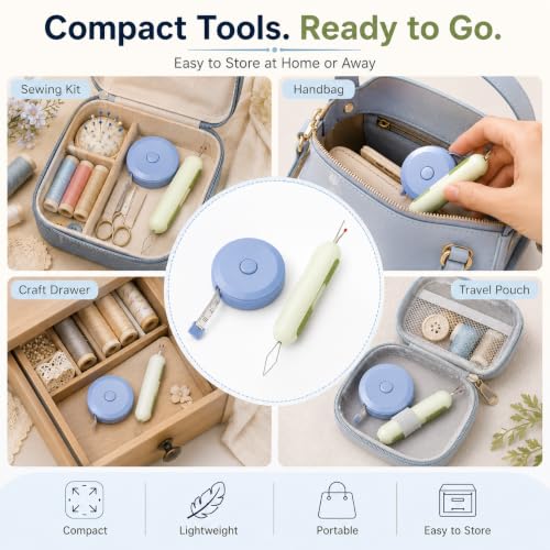 Image of Woffely Sewing Accessories Combo Kit, 2-in-1 Needle Threader Tool with Round Retractable Measuring Tape, Soft Flexible Tape Measure for Tailoring, Fabric, Embroidery, Clothing Repair & DIY Crafts