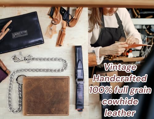 Image of F&L CLASSIC RFID Blocking Mens bi-fold Style Cowhide Leather Steel Chain Wallet, buffalo vintage leather,texas buff white stitching