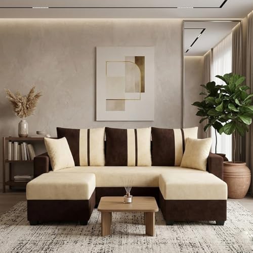 Image of Zenix 5 Seater L Shape Sofa Set with 2 Movable Ottomans | Flexible Layout | Rich Velvet Suede Fabric | Silver Legs | Spacious Seating | Modern Sofa for Living Room (Dark Brown-Cream)