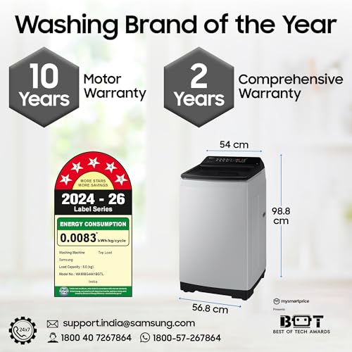 Samsung Smart Choice 8 kg, 5 star, Eco Bubble Tech, Digital Inverter Motor, Soft Closing Door, Fully-Automatic Top Load Washing Machine (WA80BG4441BGTL, Light Gray) view 2