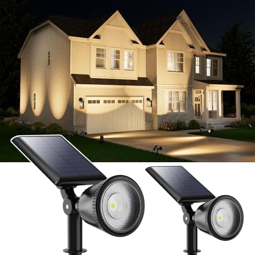 Paquete de 2 focos solares para exteriores, impermeables, brillantes, focos LED para exteriores, para bandera de patio, árbol, césped, jardín,