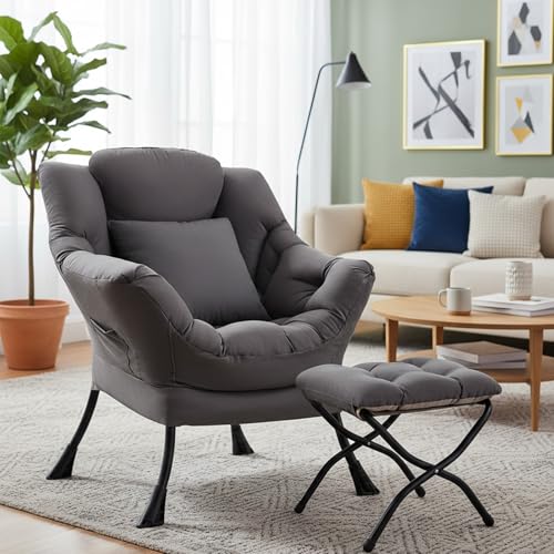 HomEastlly Lazy Chair with Ottoman, Large Accent Chair with Ottoman and a Throw Pillow, Dark Grey Reading Chair for Living Room Bedroom Dorm Room Office Apartment Relaxing Use
