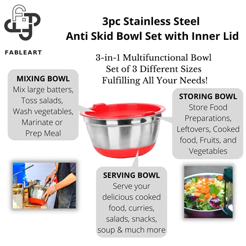 Image of Stainless Steel Anti Skid Mixing Serving Storage Bowl with Inner Lid; Red; Set of 3 Pcs; 450ml, 1400ml, 2800ml Respectively