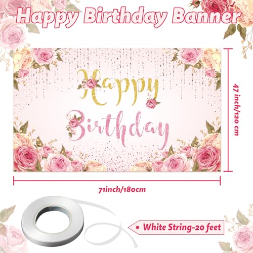 Image of Happy Birthday Banner Pink Birthday Party Backdrop for Women Girls birthday sign Courtyard Photography Background Indoor Outdoor 71 x 47 inches