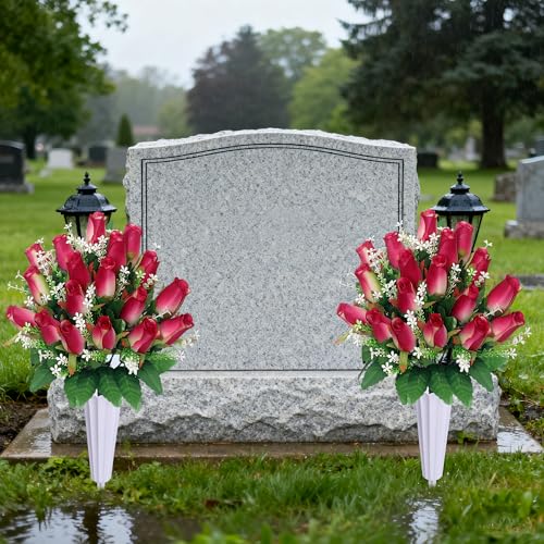 Artificial Cemetery Flowers for Grave,2Pack Memorial Roses Bouquets with Vase for Grave Tombstone Decorations (2, Rose Red) image 8