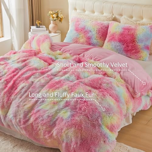 Image of EMME Luxury Fuzzy Duvet Cover Set King Size Fluffy Comforter Cover Set for King Bed 2 Pieces Shaggy and Plush Soft Bedding Duvet Covers (Rainbow Colorful Pink, King)