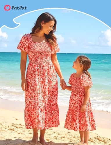 Image of PATPAT Family Matching Outfits Mommy and Me Dresses Floral Dress & T-Shirts | Mommy and Me Easter Dresses, Puff Sleeve Floral Sundress, Cotton Blend T-shirts, Couples Party Wedding Vacation Outfits