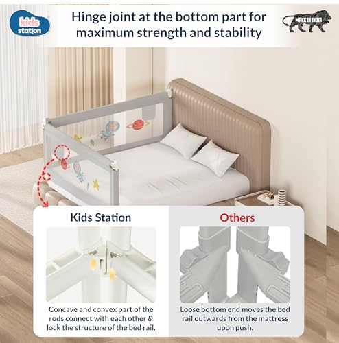 Image of Kids Station Foldable Baby Bed Rail Guard - 28-Level Adjustable Height, 5.3ft (160cm), 1 Side, Made in India (Grey, with Pocket)