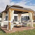 YOLENY 10' x 12' Hardtop Gazebo Faux Wood Grain Metal Gazebo with Aluminum Frame, Galvanized Steel Double Roof, Outdoor Patio Gazebo Pergolas with Netting and Curtains for Backyard, Patio, Lawns