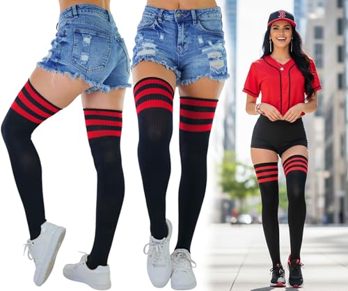 Image of ToBeInStyle Women's Heavyweight Knit Thigh High Long Socks w /Contrast 3 Stripe Top Band