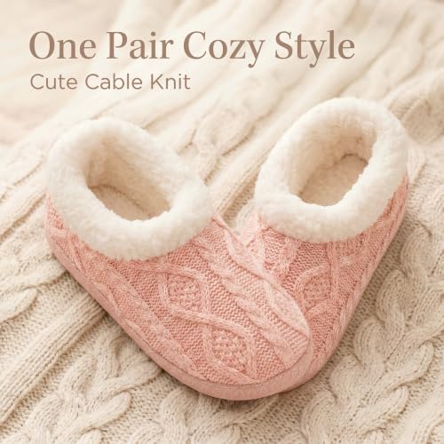Image of cosyone1997 Cable Knit Slipper Socks for Women Non Slip Soft Sole | Fuzzy sherpa lining, gripper dots, flexible bootie coverage and machine washable care for warm, comfortable indoor wear