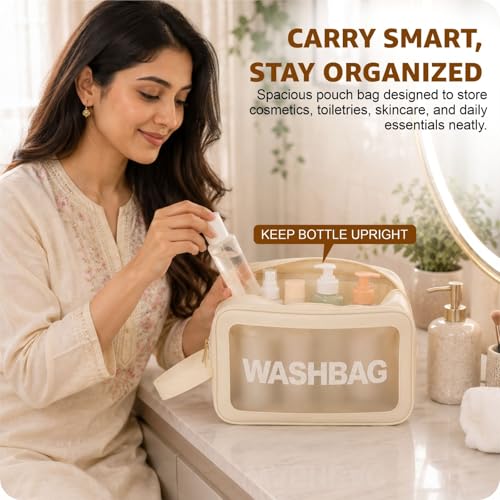 Image of FLYNGO Clear Makeup Pouch Set, Cosmetic Organizer Bag for Women and Girls Travel Waterproof Toiletry Storage Kit (Set of 3 Beige)