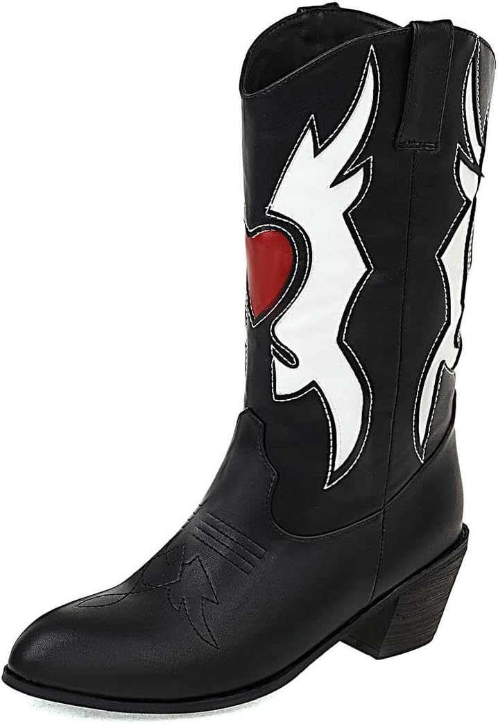 KiutSymo Mid Calf Cowboy Boots For Women Cute Heart Pattern Pointed Toe Chunky Heel Patch Western Boots