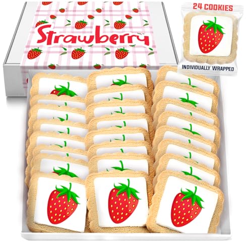Image of Strawberry Cookies Theme Party Favors Strawberries | Individually Wrapped 24 Pack Themed Cookies | Birthday Baby Shower Spring Summer Fruit Kids Adults Treats Berries