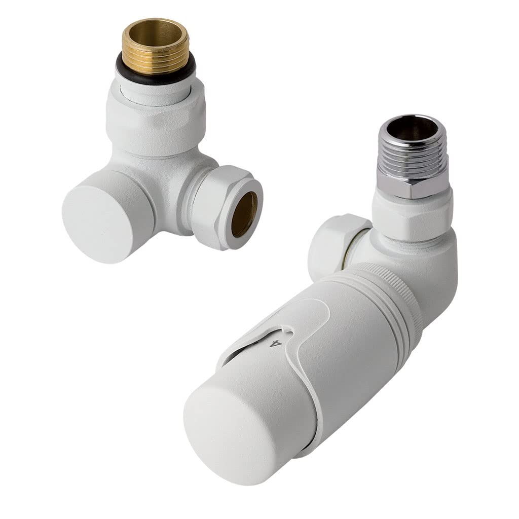 Solaro 15mm Thermostatic Corner Radiator Valve & Lockshield - Matt White
