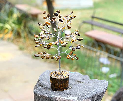 Image of ZAICUS Tiger Eye Stone Tree of Life Feng Shui Bonsai Silver Wire