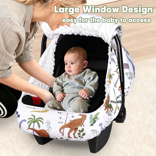Image of Hooyax Baby Car Seat Cover with Dual Zipper, Extra Large Mesh Window Carseat Canopy, All-Season Weather Protection for Infant Car Seats & Strollers (Dinosaur)